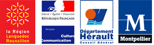 logos Région Languedoc Roussillonr, Drac LR, Conseil Général Hérault et Marie de Montpellier